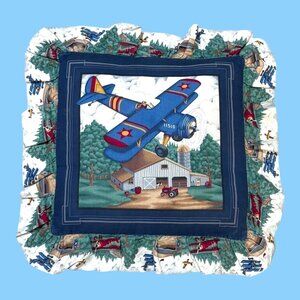 Vintage Airplane-Themed Quilted Throw Pillow With Ruffle Edges Cabin Country